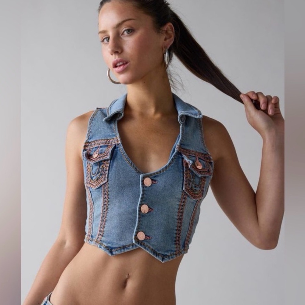 True Religion Light Blue Denim Cropped Vest Top